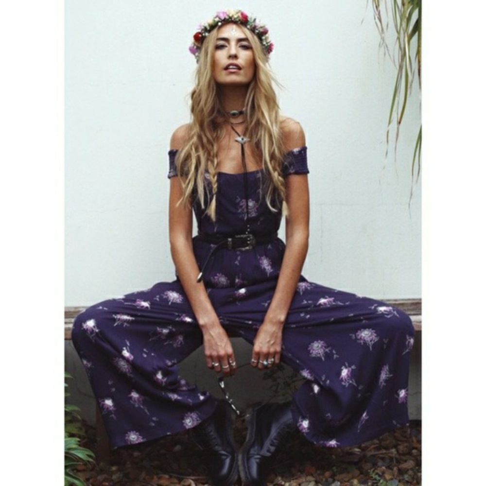 Free people aster floral jumpsuit blue xs